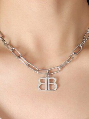 Silver Paperclip Chain Necklace*Initial Letter B*Chunky Chain Necklace*LW